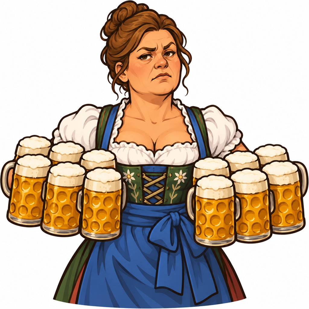 Character concept of Resi, a server in a dirndl and blue apron carrying an armful of steins