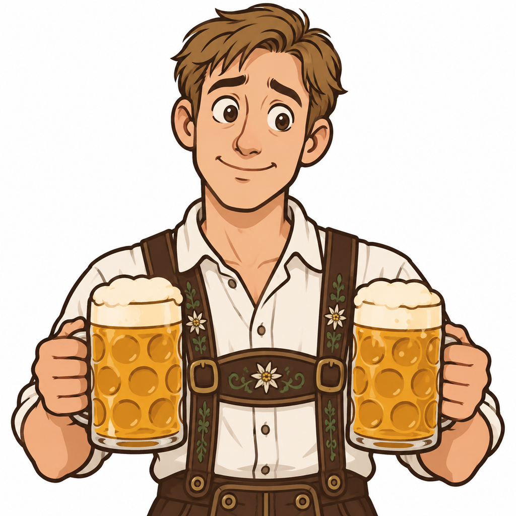 Character concept of Lukas, a server holding two steins