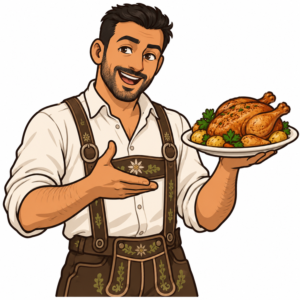 Character concept of Mehmet, kitchen staff holding a roast chicken