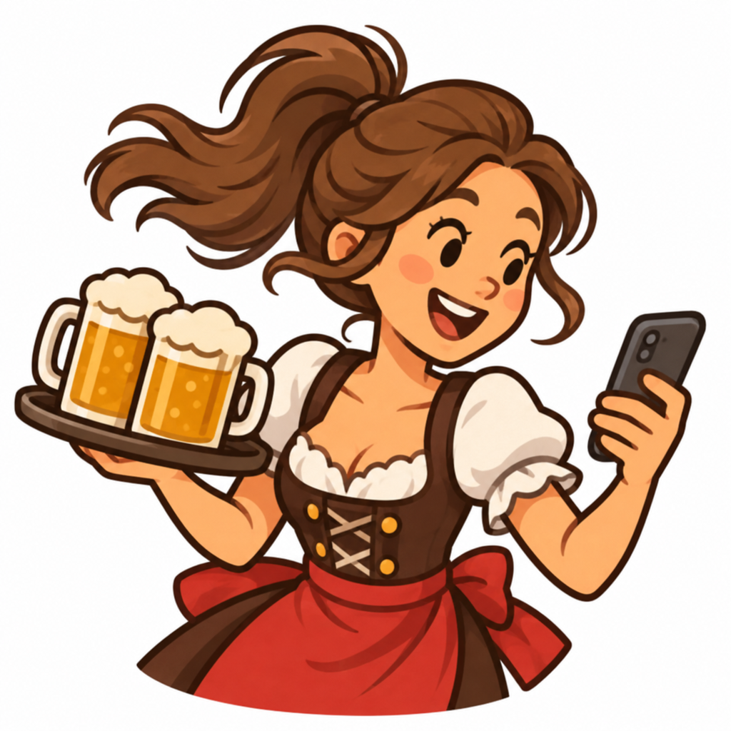 Character concept of Susi, a server in a red apron with a phone in hand
