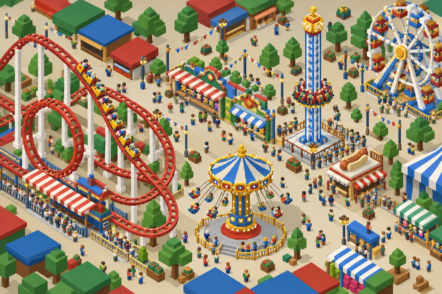 Concept illustration of the fairground strip by day: roller coaster, chain carousel, drop tower, Ferris wheel and stalls with visitors