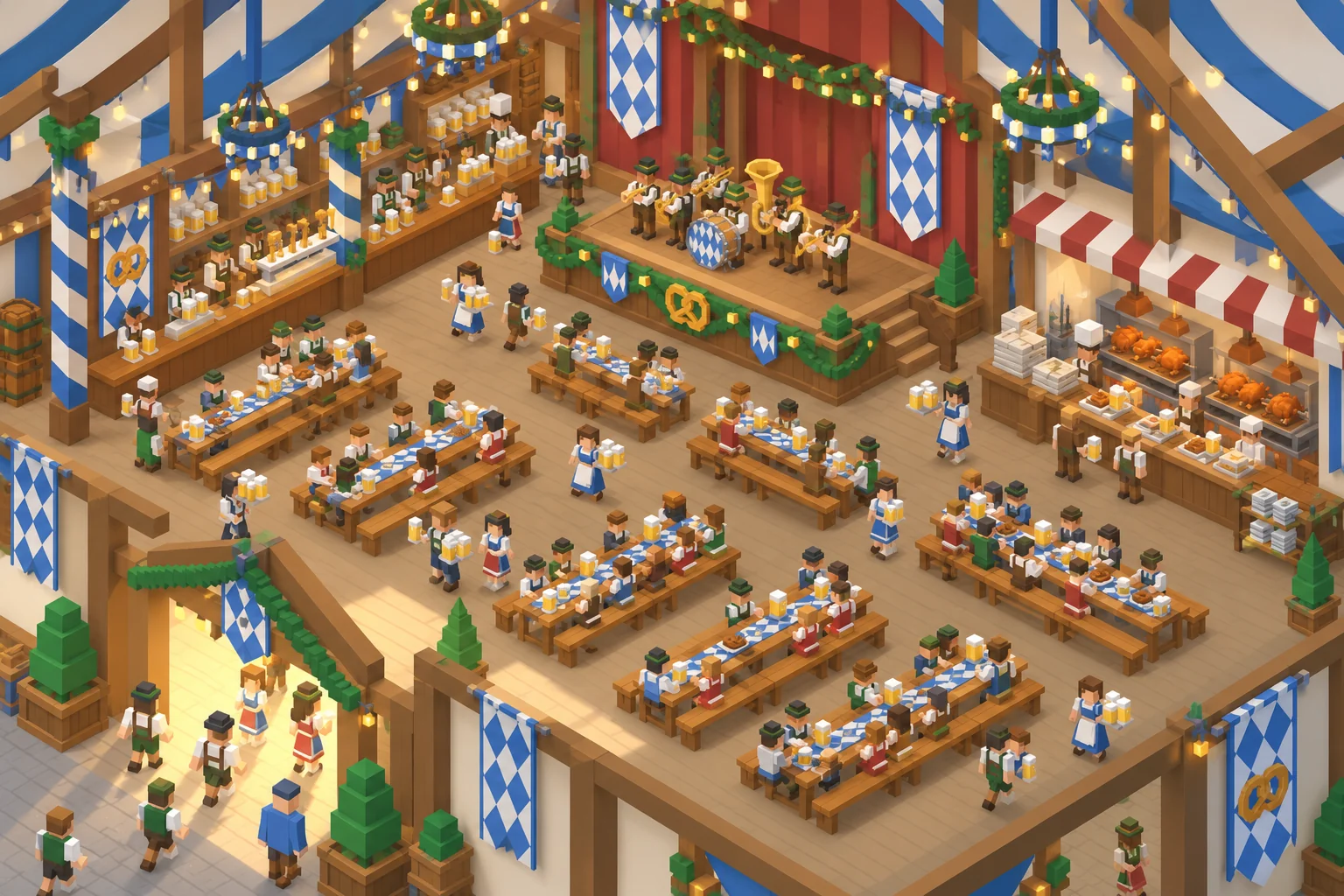 Concept illustration of a possible beer-tent interior with long rows of tables, a brass band on stage, the tap counter and servers