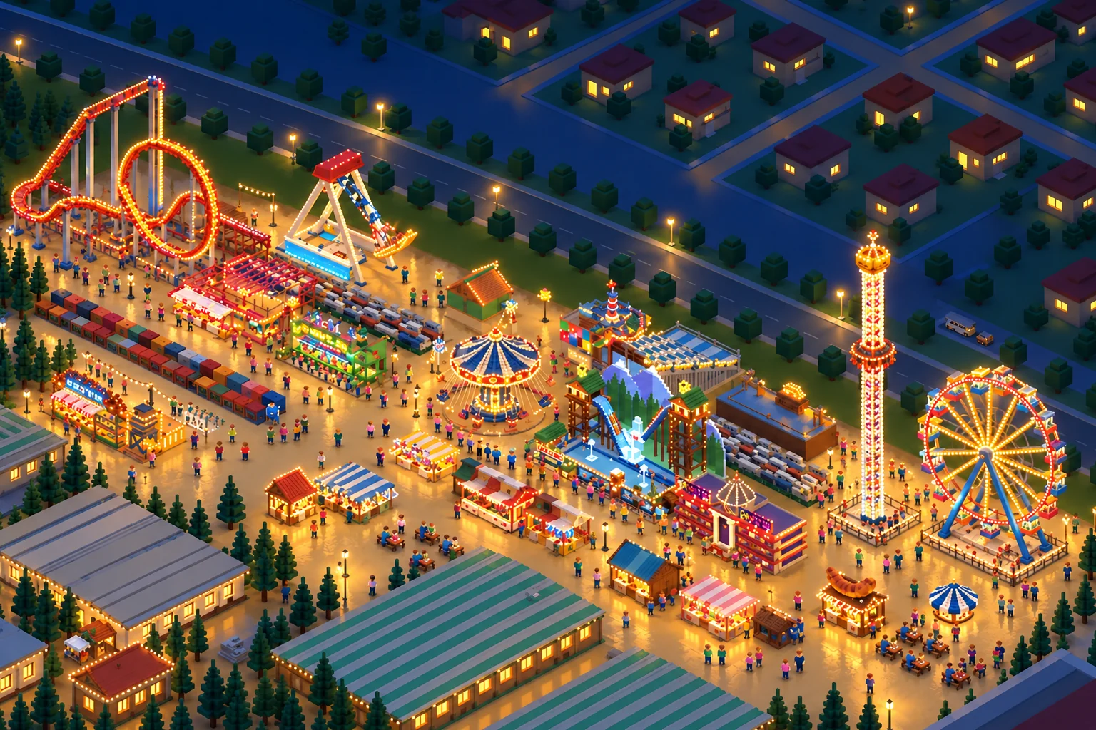 Concept illustration of the fairground strip at night: lit Ferris wheel, roller coaster and stalls under a deep blue sky